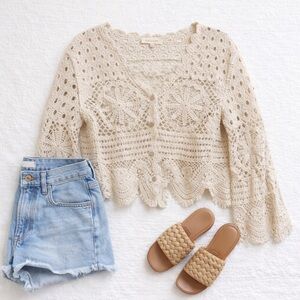 Solitaire Crochet Lace Cardigan Cream Boho Button Front Size S Festival Top